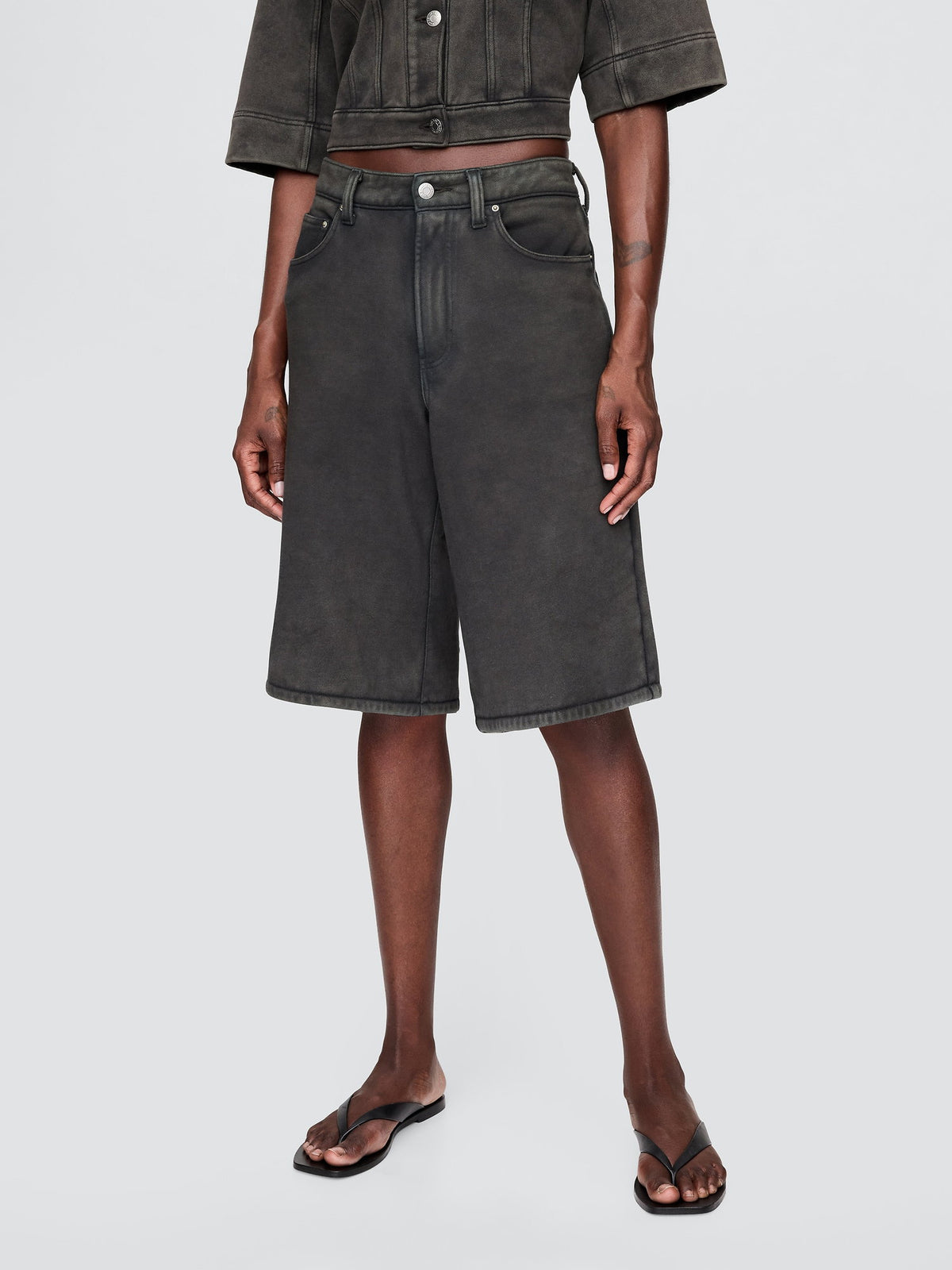 Siyah 11 Mid Rise Fransız Havlu Kumaş Denim Uzun Şort