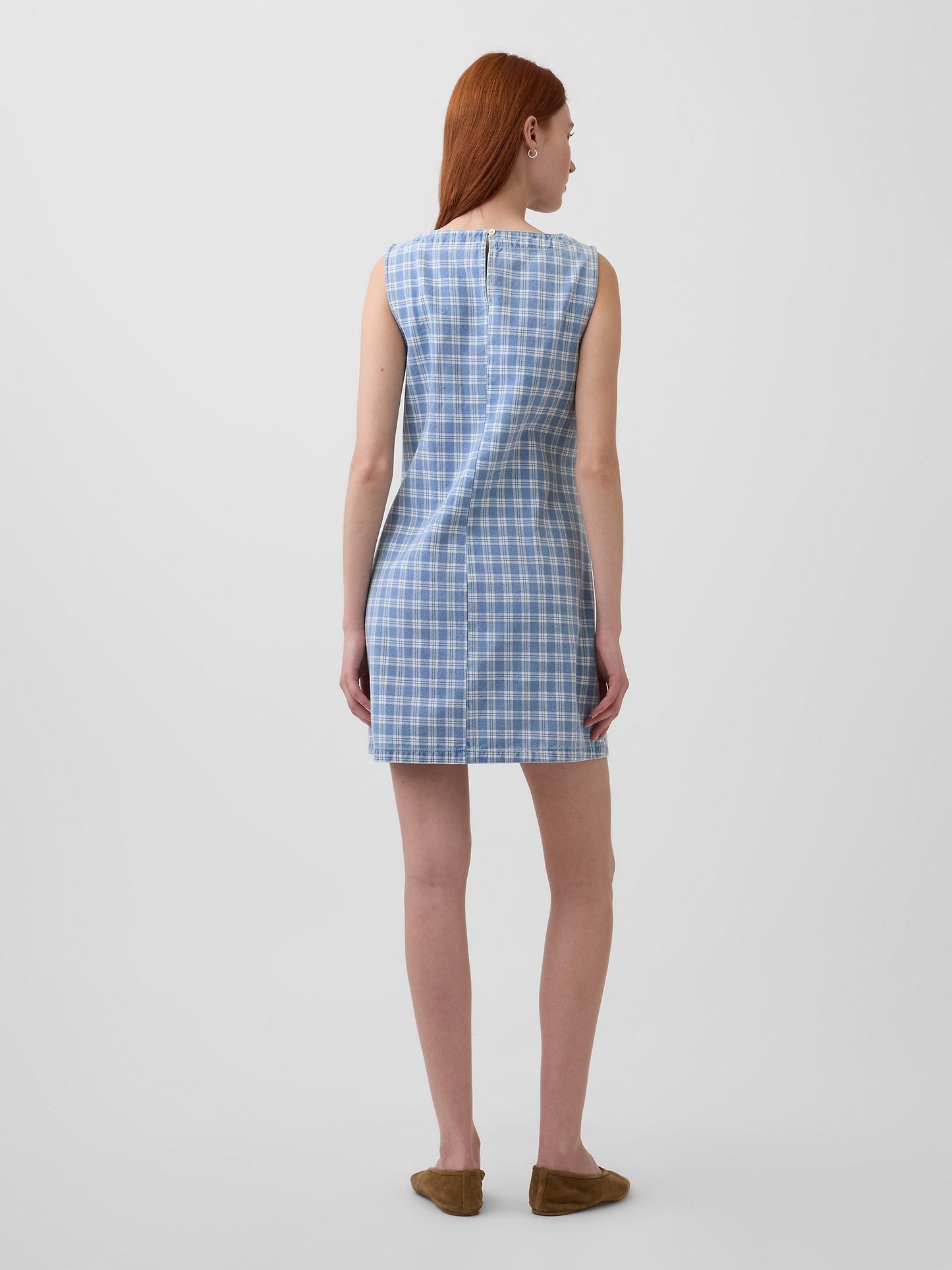 Açık Mavi Kareli Denim Mini Shift Elbise