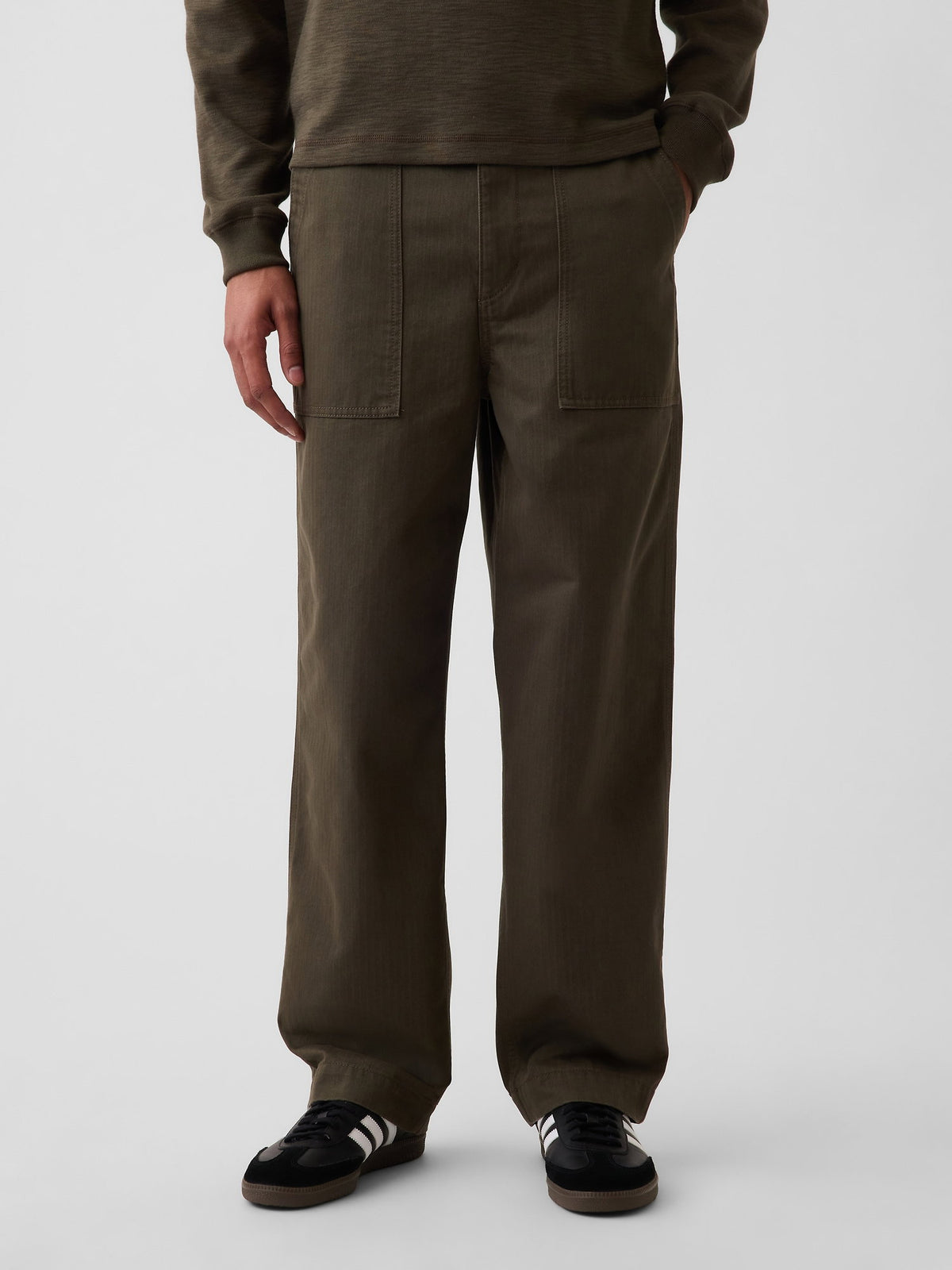Haki Herringbone '90s Loose Pantolon
