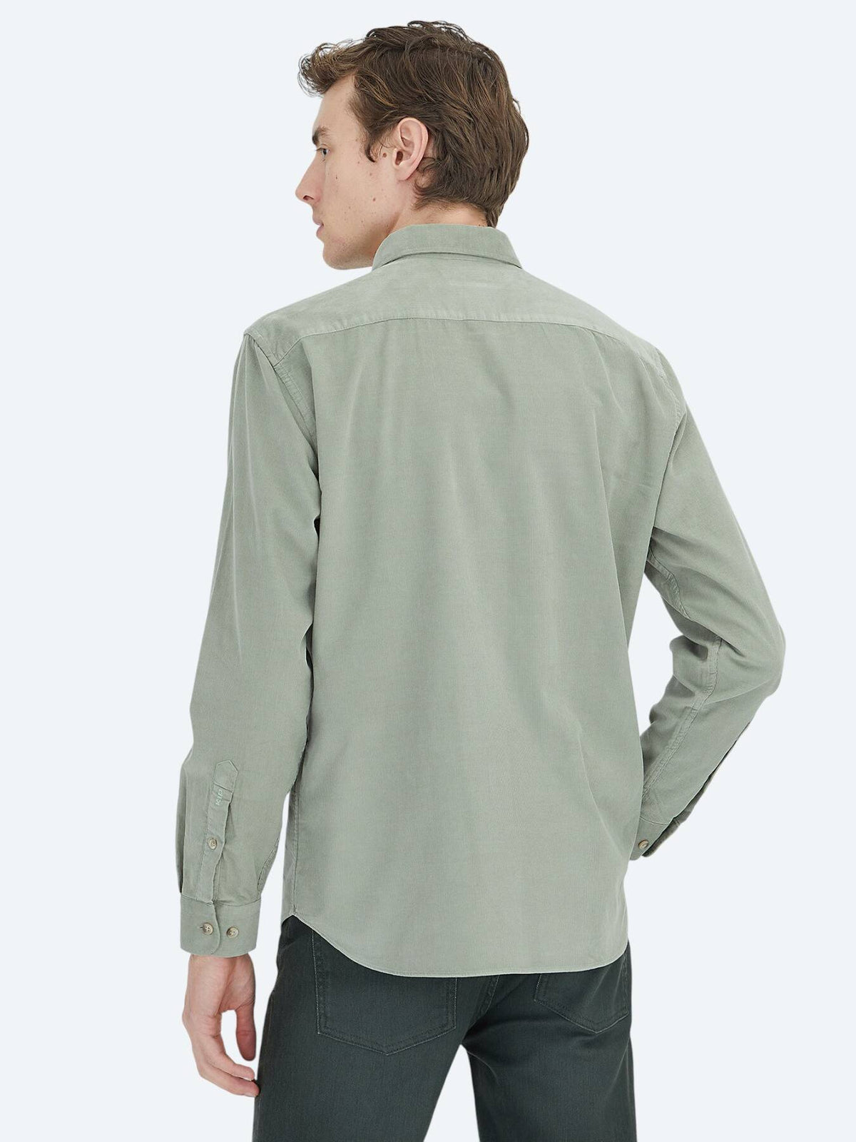 Mint Çizgili Regular Fit Uzun Dokuma Kadife Casual %100 Pamuk Gömlek