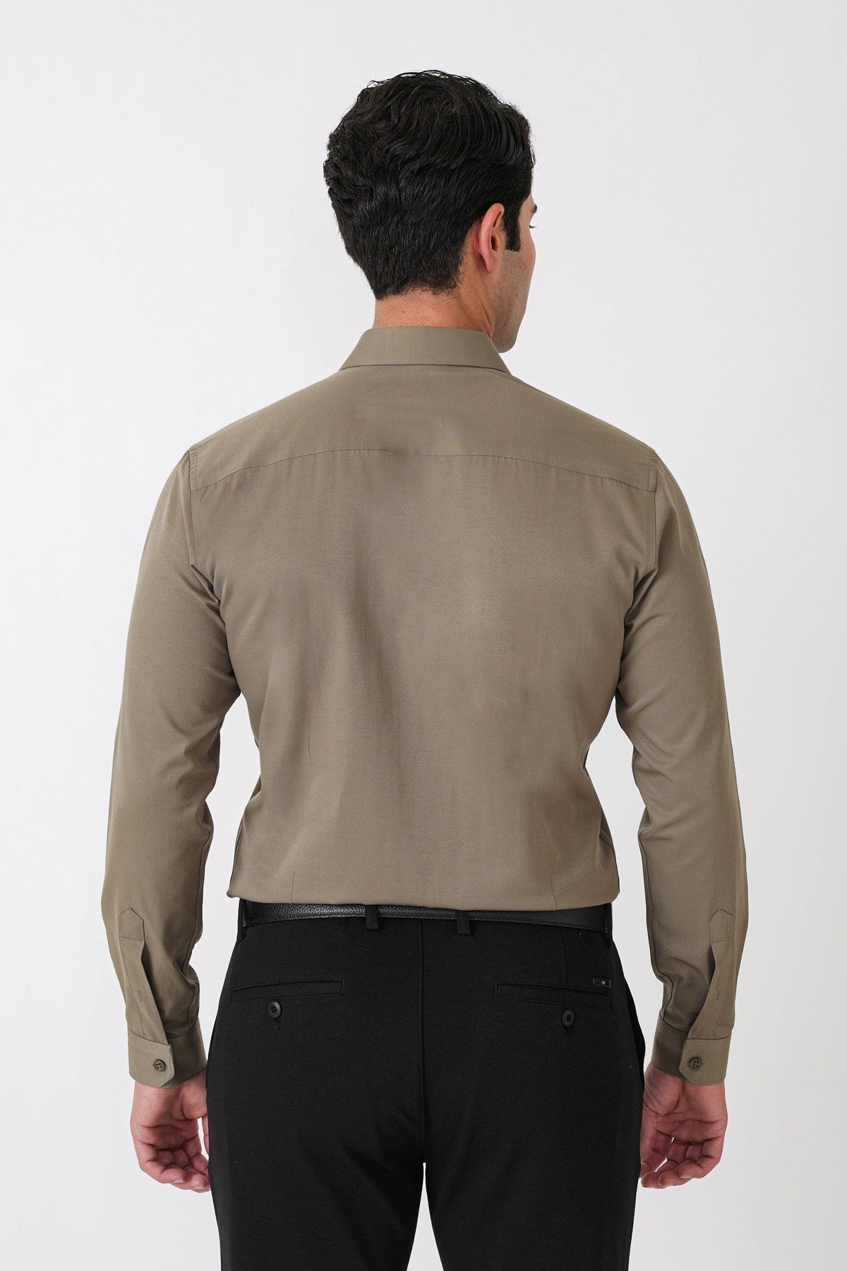 Slim Fit Pamuk Saten Klasik Haki Gömlek Gk 604
