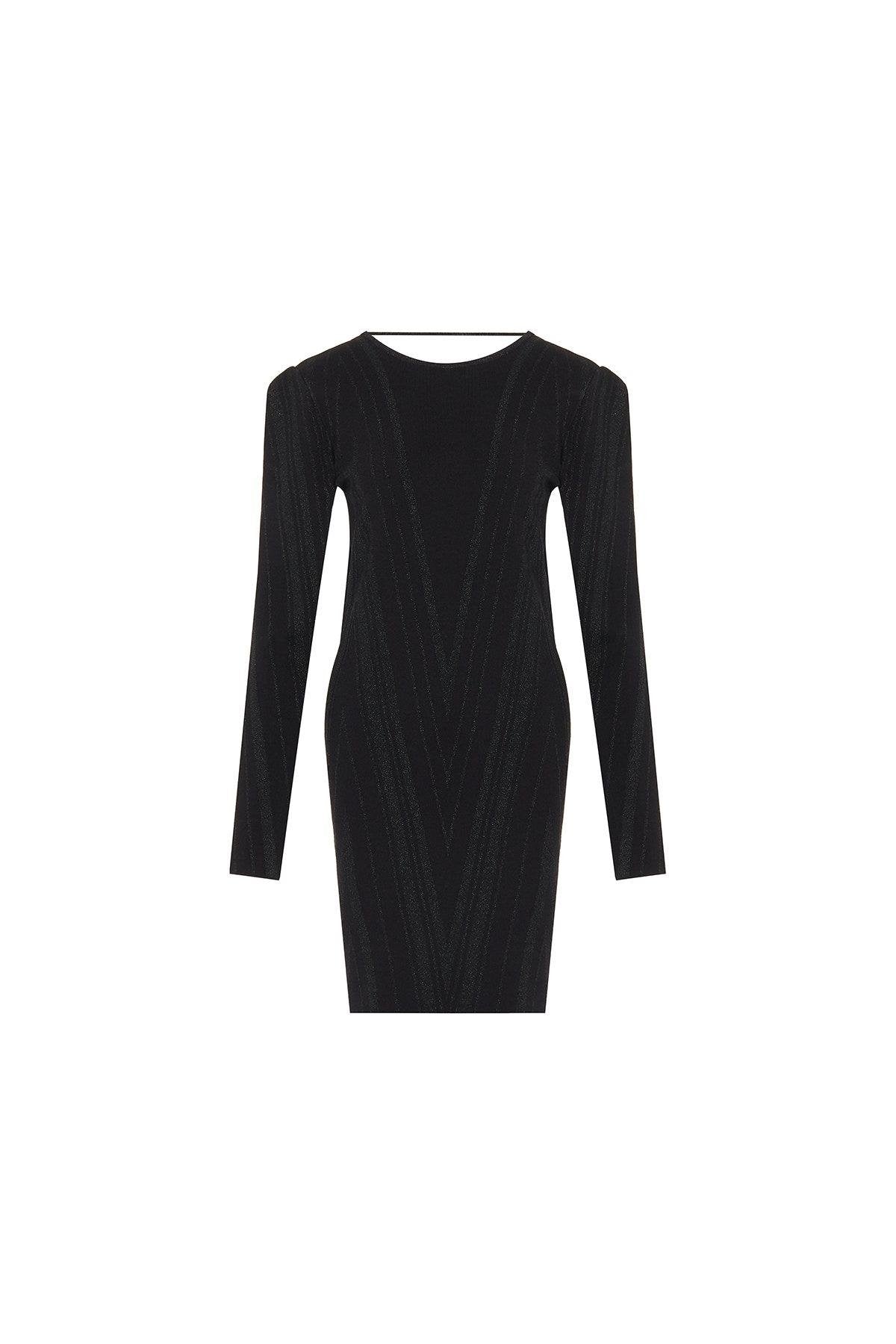 Vatkalı Siyah Triko Mini Elbise