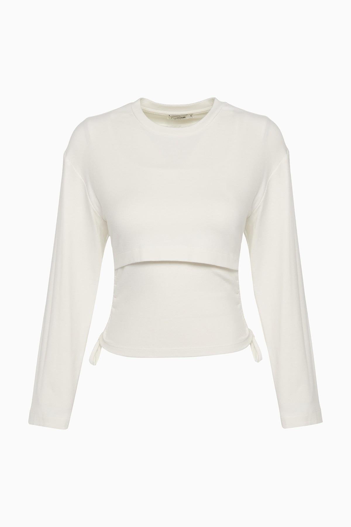 Yandan Büzgü Detaylı Ekru Crop Bluz