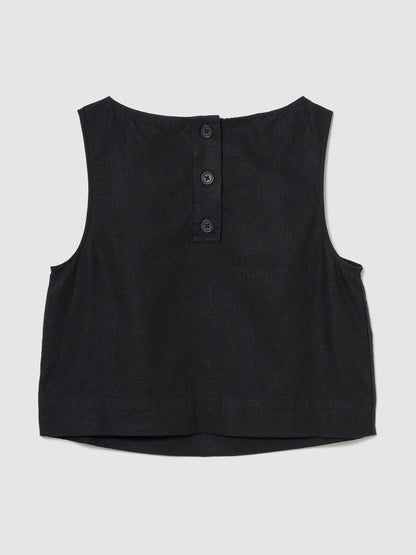Beyaz Keten Karışımlı Crop Shell Kolsuz Bluz