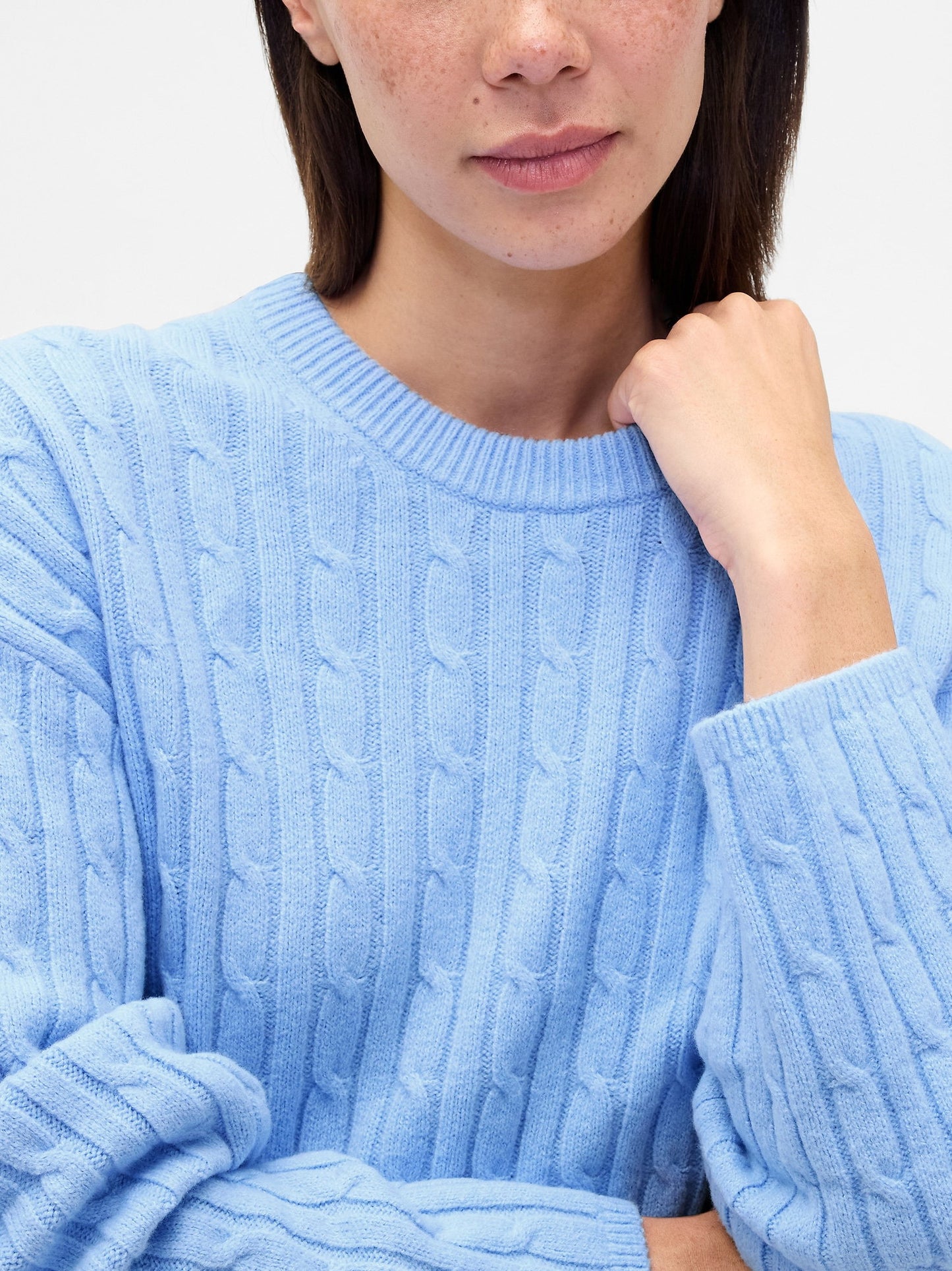 Açık Mavi Cashsoft Cable-knit Bisiklet Yaka Kazak