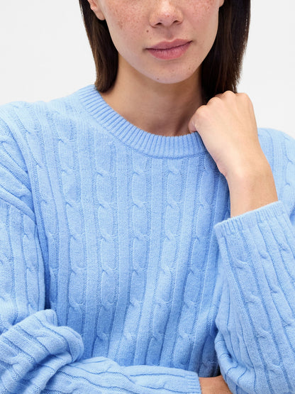 Açık Mavi Cashsoft Cable-knit Bisiklet Yaka Kazak