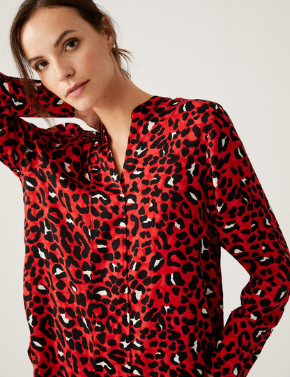 V Yaka Leopar Desenli Saten Popover Bluz