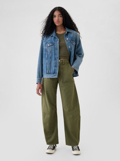 Haki Mid Rise Twill Barrel Pantolon