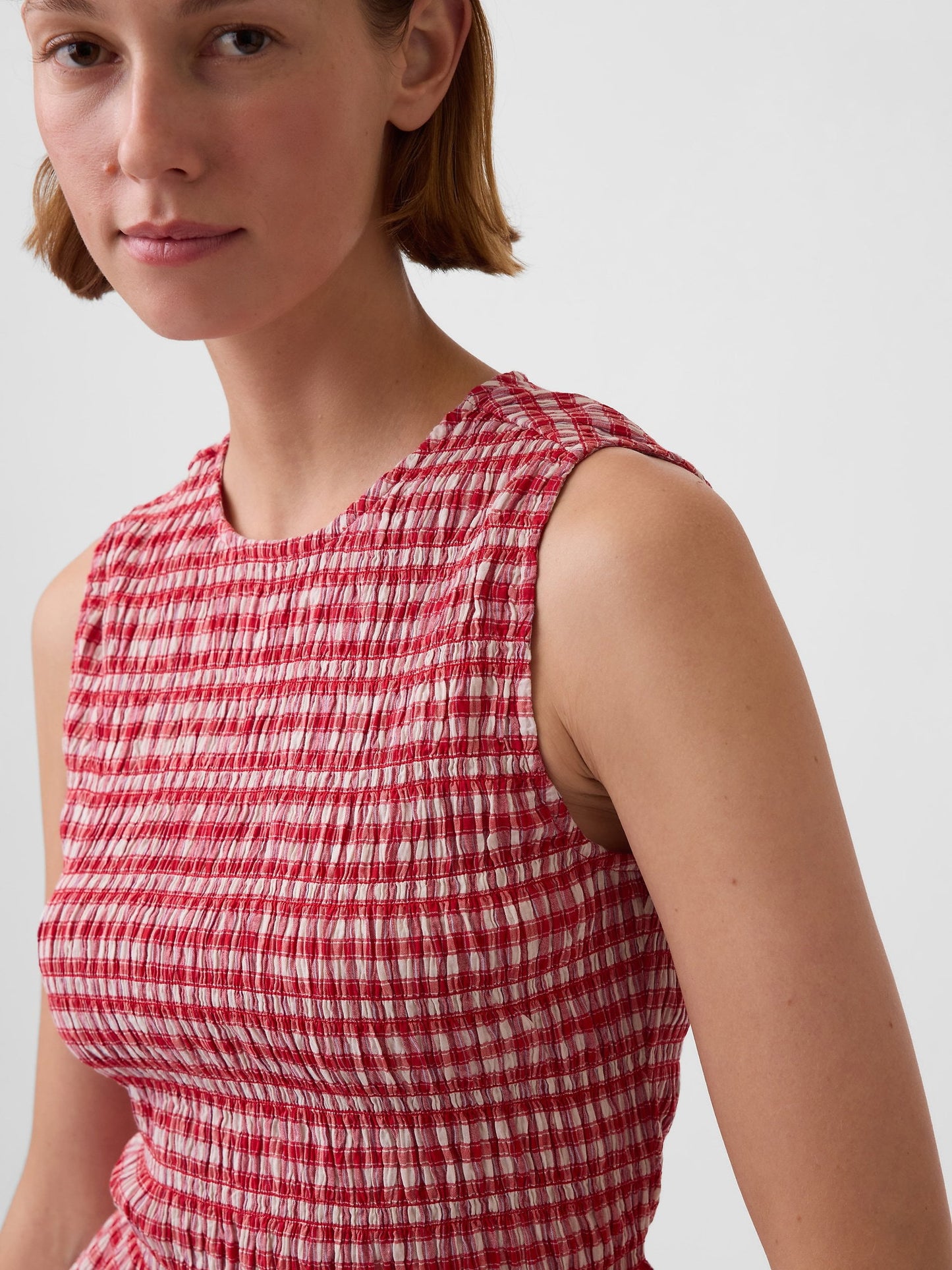Kırmızı Smocked Gingham Crop Peplum Üst