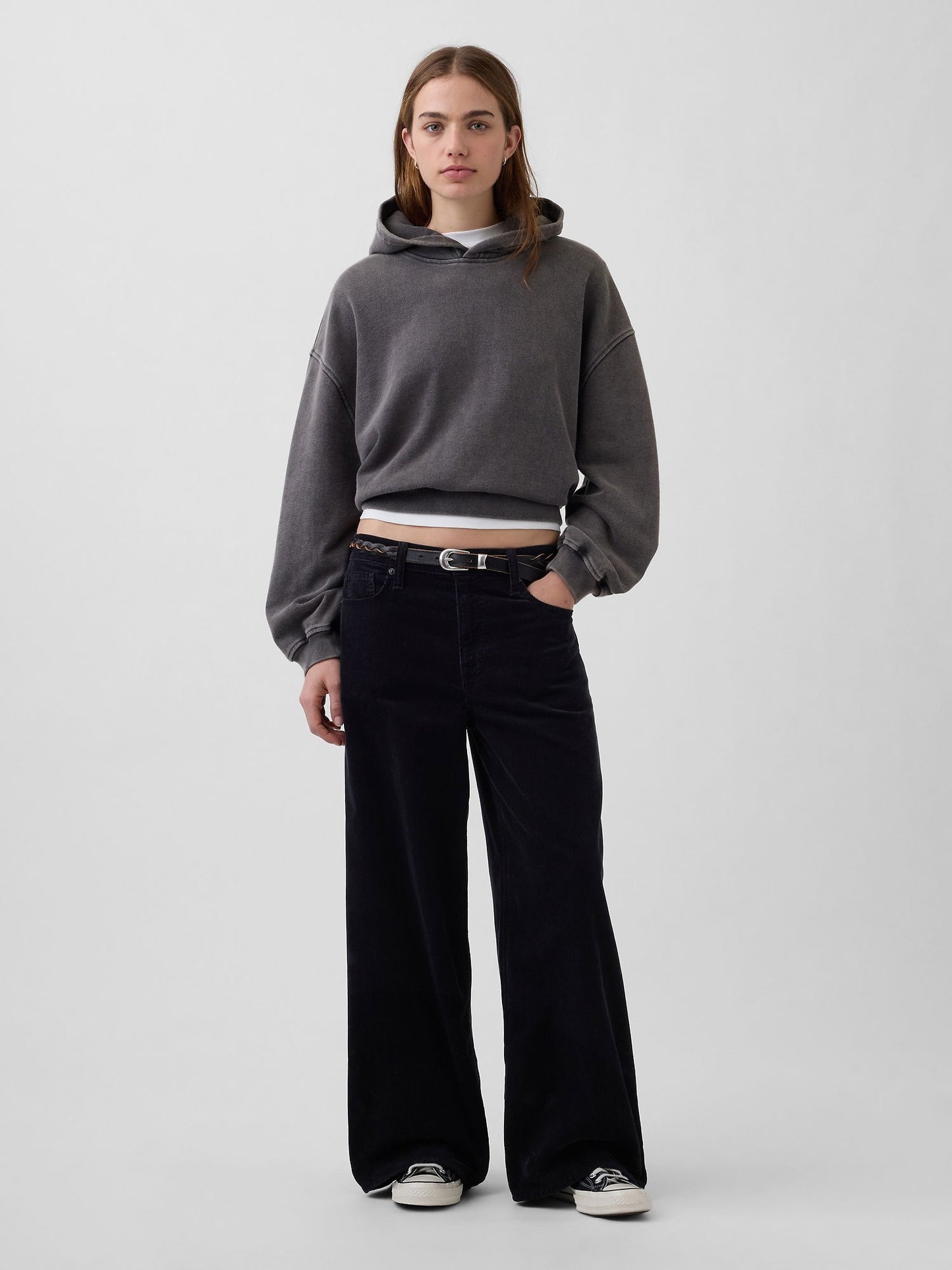 Siyah Mid Rise Kadife Baggy Wide-leg Pantolon