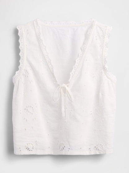 Beyaz Keten Karışımlı Işlemeli Crop Shell Askılı Bluz