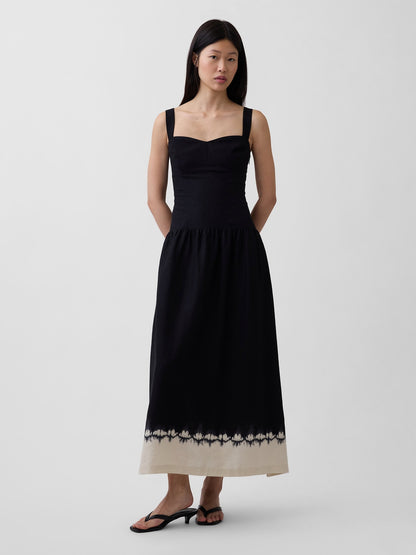 Siyah Keten Karışımı Drop-waist Korse Maxi Elbise