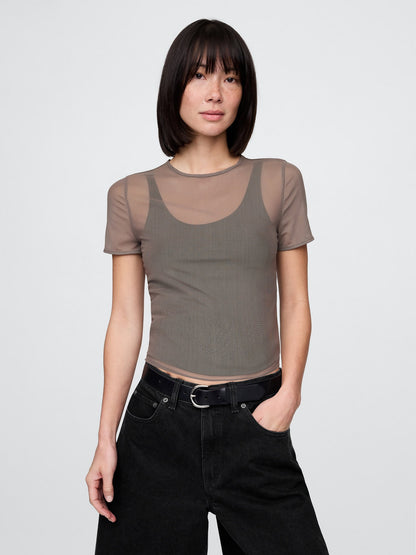 Koyu Gri Transparan Crop T-shirt