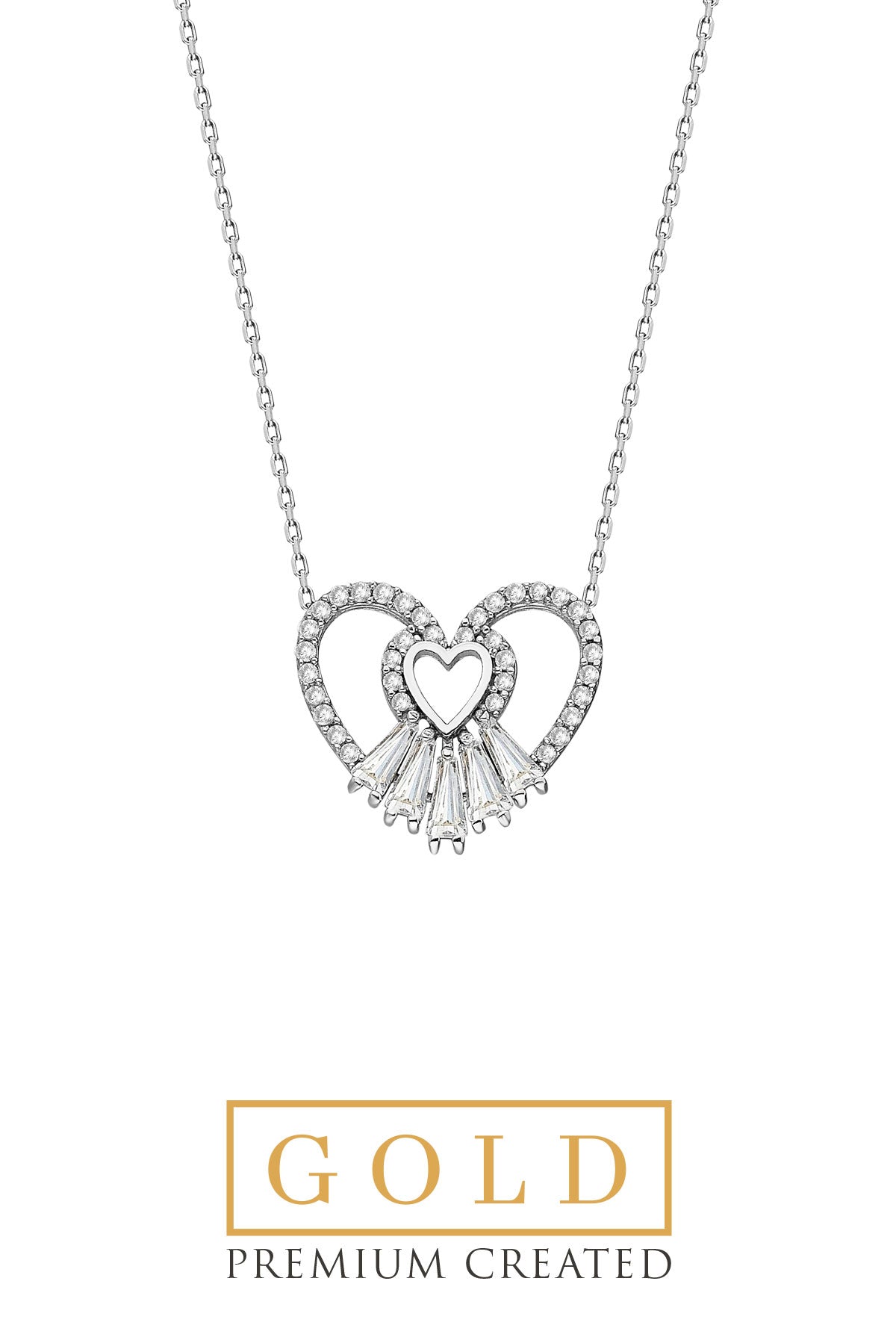 Beyaz Altın Sertifikalı Premium Created Trapez Taşlı Kalp Kolye Ww02830190143