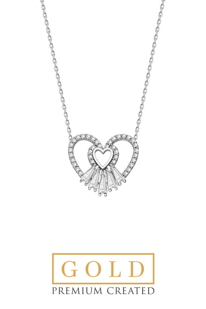 Beyaz Altın Sertifikalı Premium Created Trapez Taşlı Kalp Kolye Ww02830190143