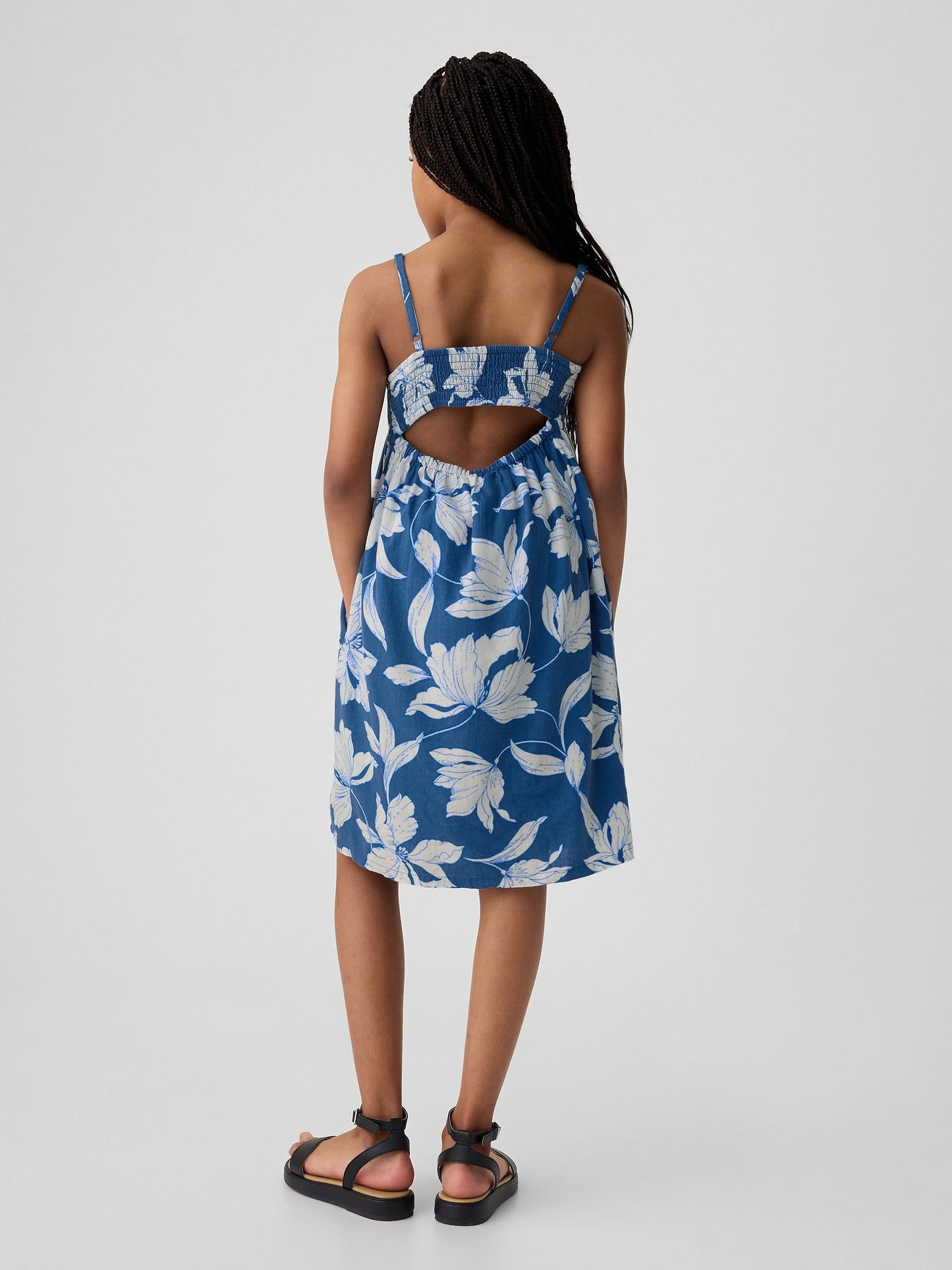 Koyu Mavi Çiçek Desenli Keten Karışımlı Cut-out Detaylı Elbise