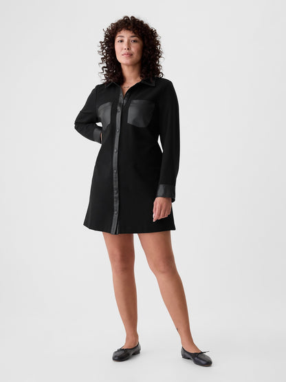 Siyah Suni Vegan Deri Shift Mini Elbise