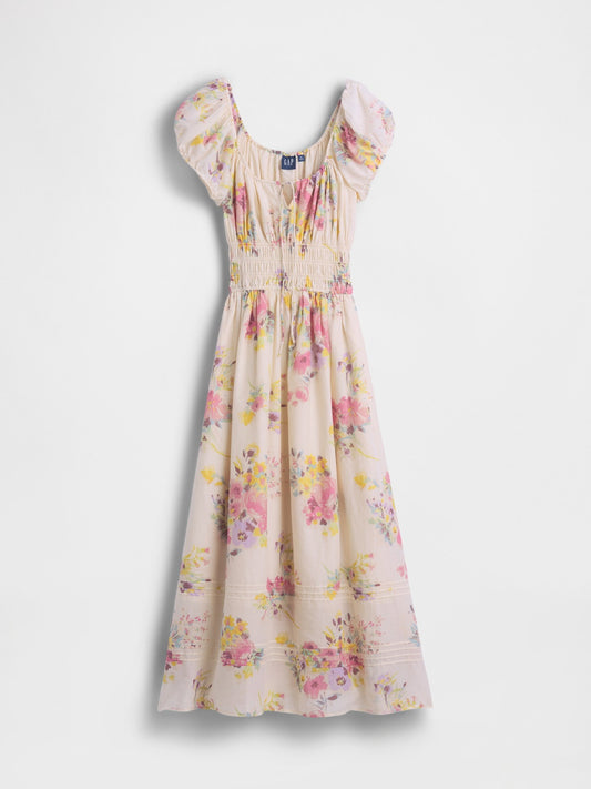 Çok Renkli Floral Voile Smocked Maxi Elbise