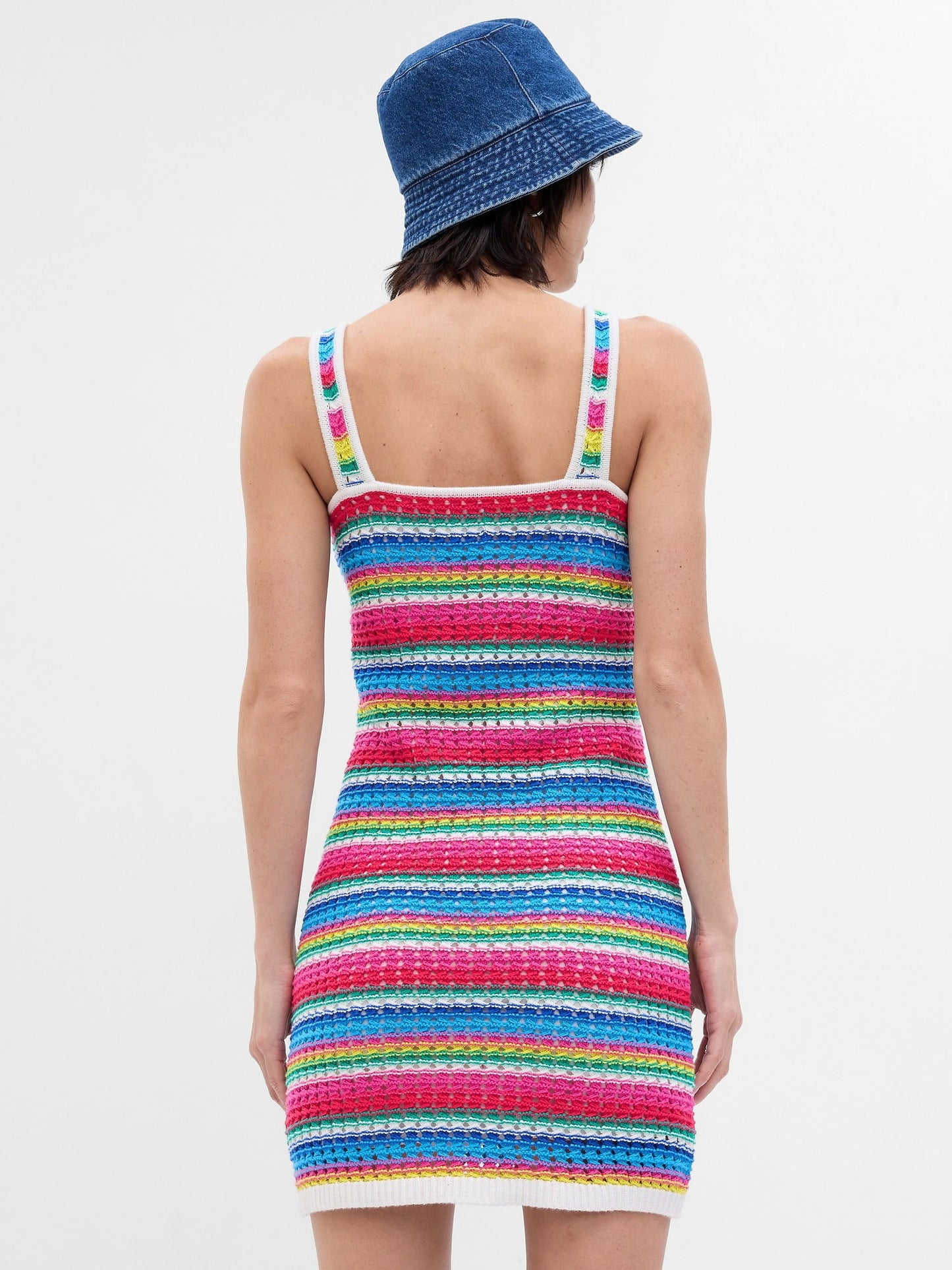 Çok Renkli Crochet Örgü Çizgili Mini Elbise