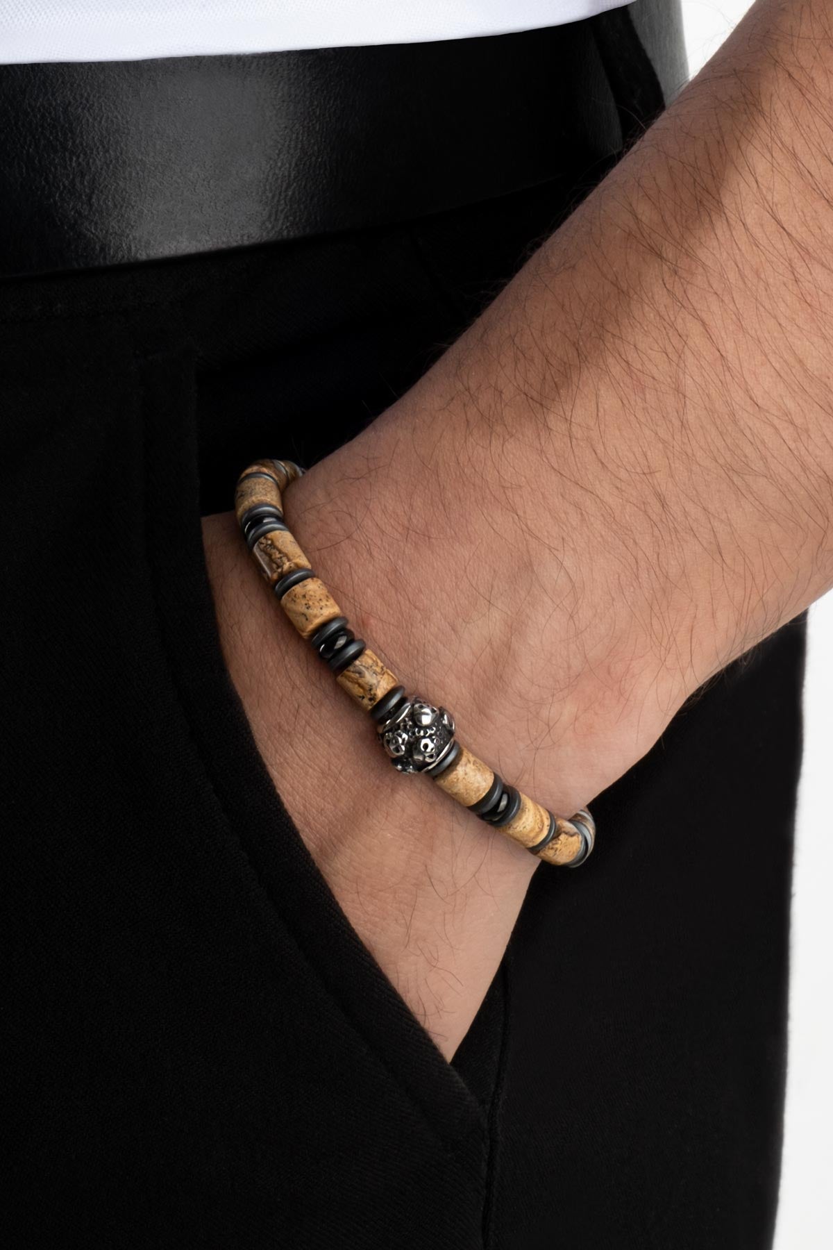 Jasper Taşlı Kuru Kafa Detaylı 21 Cm Çelik Erkek Bileklik 02434561121