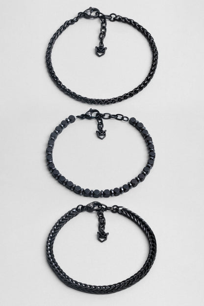 Gri Hematit Taşlı Ayarlanabilir Erkek Çelik Üçlü Bileklik Seti 02441410299