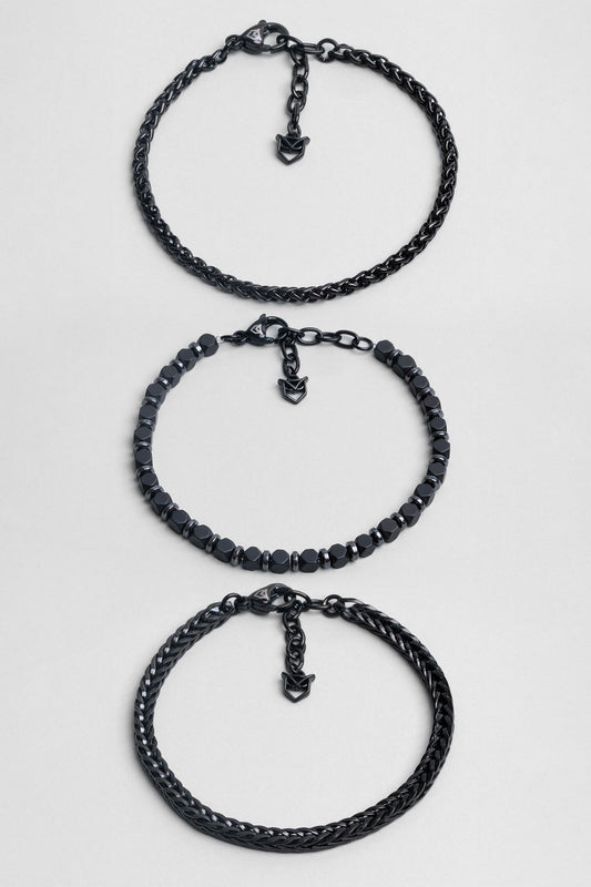 Gri Hematit Taşlı Ayarlanabilir Erkek Çelik Üçlü Bileklik Seti 02441410299