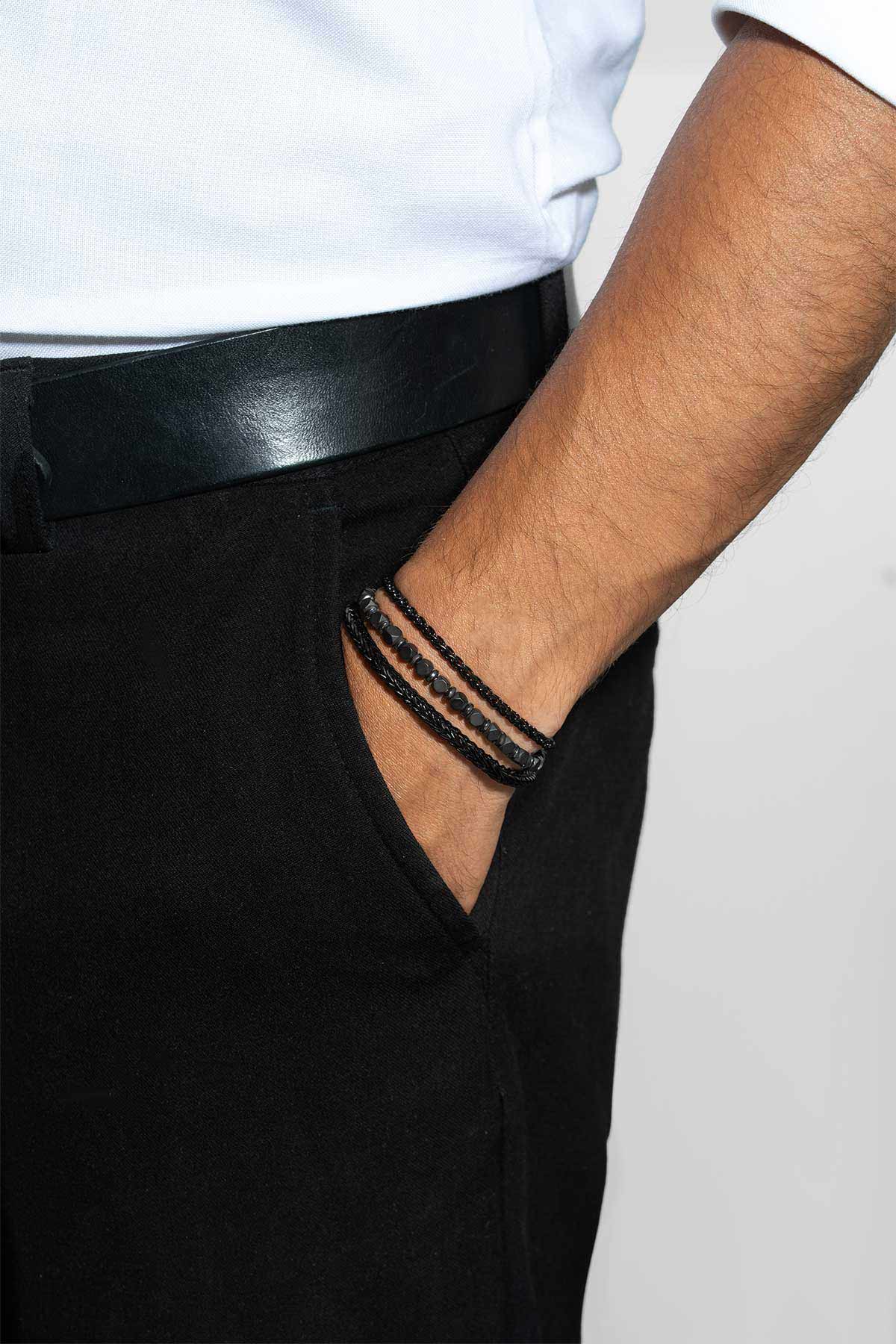 Gri Hematit Taşlı Ayarlanabilir Erkek Çelik Üçlü Bileklik Seti 02441410299