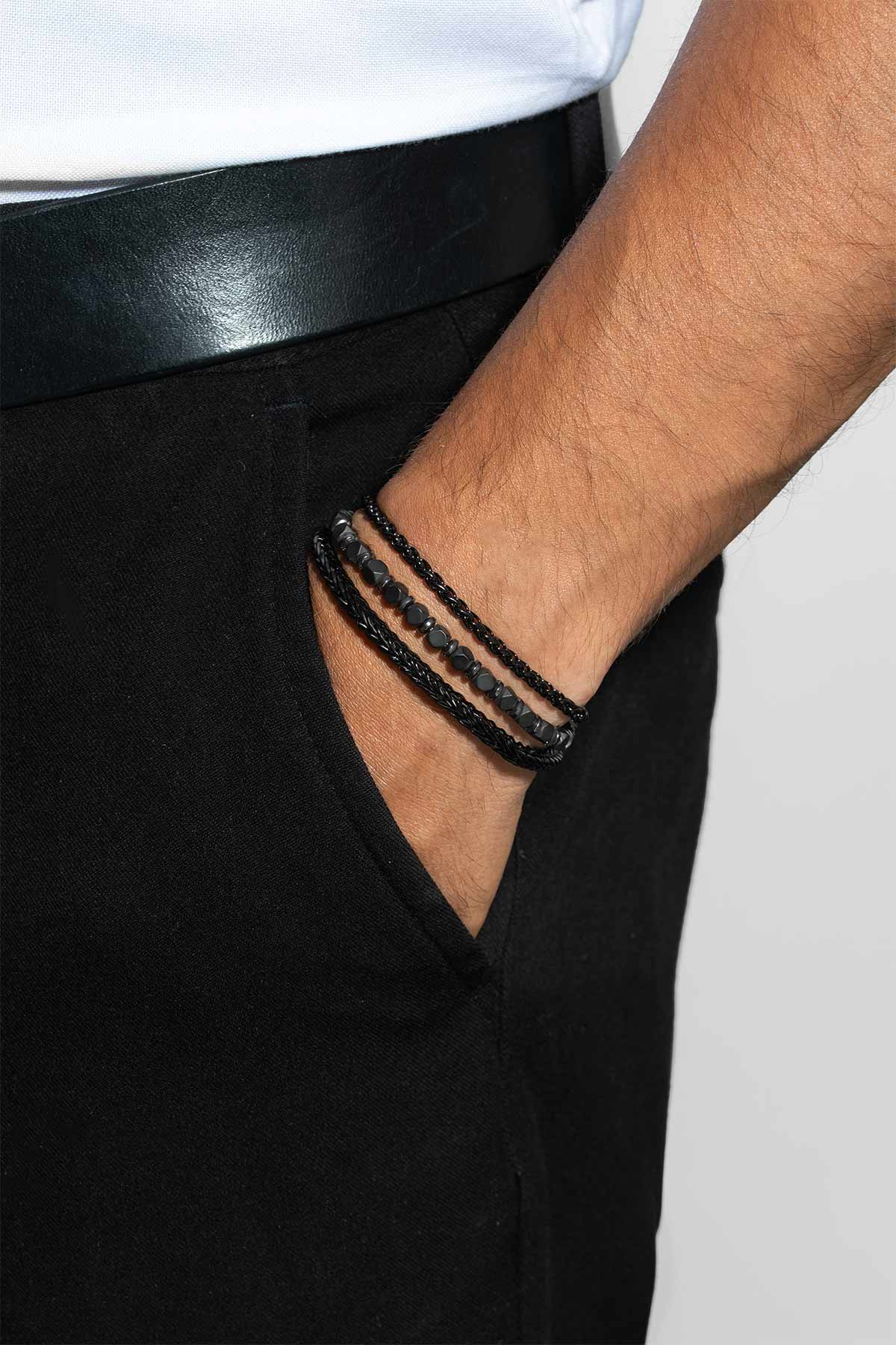 Gri Hematit Taşlı Ayarlanabilir Erkek Çelik Üçlü Bileklik Seti 02441410299