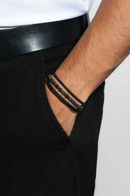 Gri Hematit Taşlı Ayarlanabilir Erkek Çelik Üçlü Bileklik Seti 02441410299