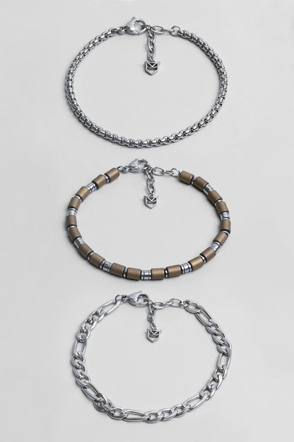 Kahverengi Hematit Taşlı Ayarlanabilir Erkek Çelik Üçlü Bileklik Seti 02441421199