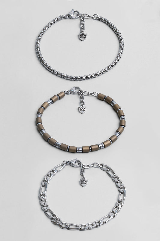 Kahverengi Hematit Taşlı Ayarlanabilir Erkek Çelik Üçlü Bileklik Seti 02441421199