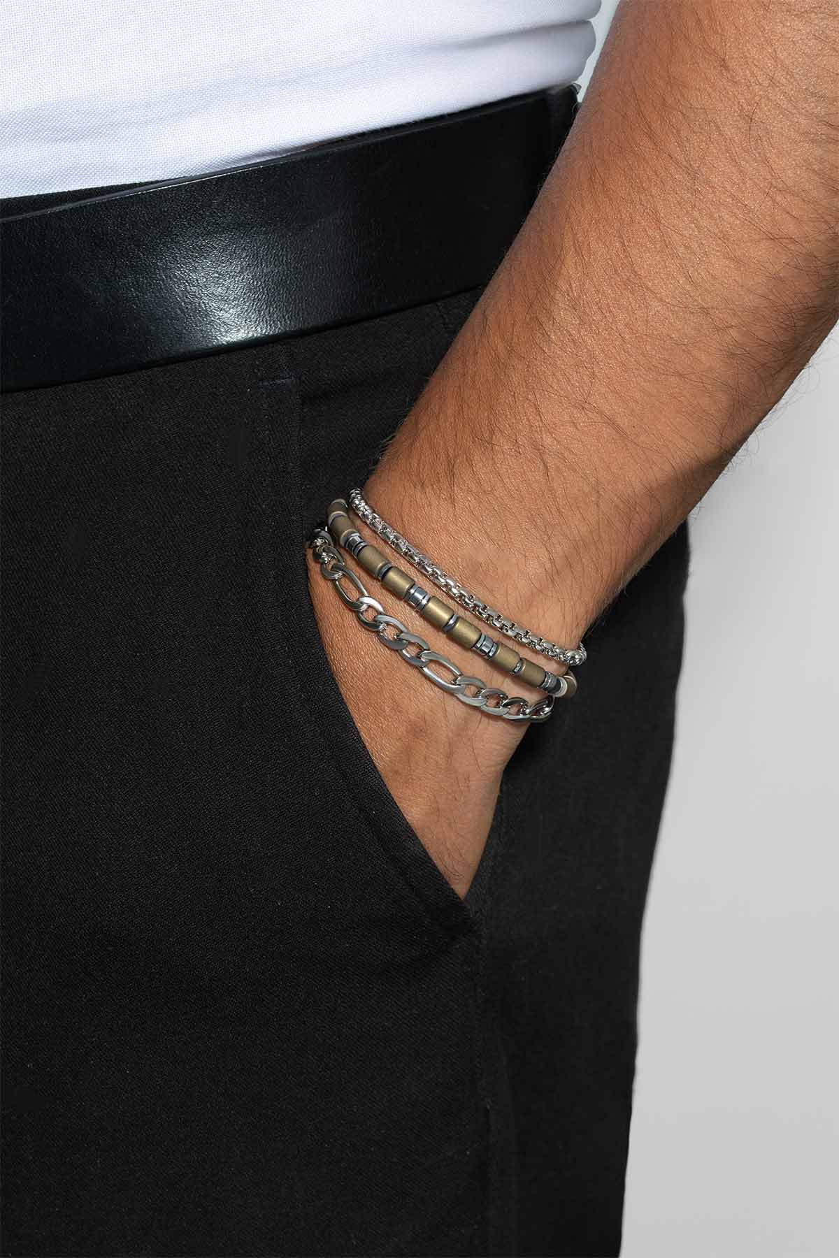 Kahverengi Hematit Taşlı Ayarlanabilir Erkek Çelik Üçlü Bileklik Seti 02441421199