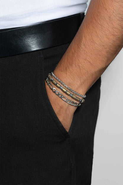 Kahverengi Hematit Taşlı Ayarlanabilir Erkek Çelik Üçlü Bileklik Seti 02441421199