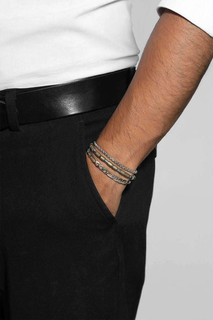 Kahverengi Hematit Taşlı Ayarlanabilir Erkek Çelik Üçlü Bileklik Seti 02441421199