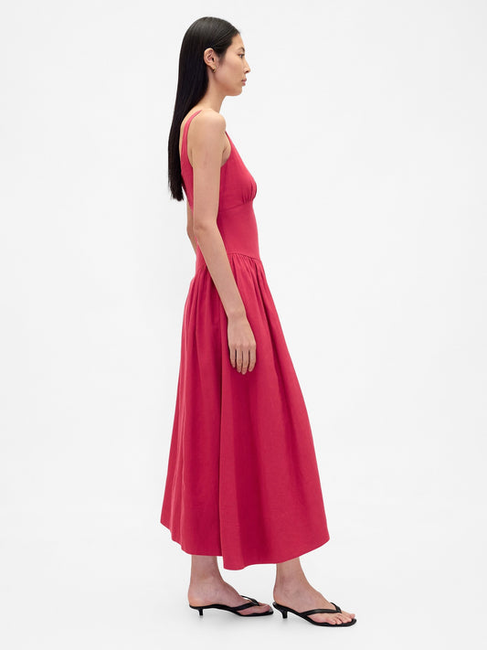 Kırmızı Keten Karışımı Shirred Maxi Elbise