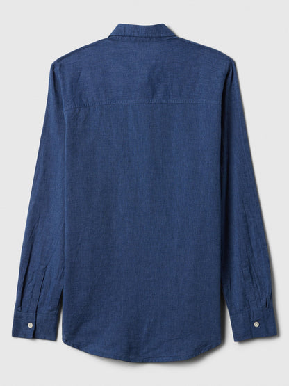 Denim Mavi Keten Karışımı Easy Gömlek