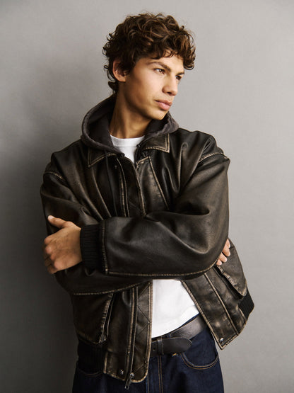 Siyah Recycled Vegan Deri Bomber Ceket