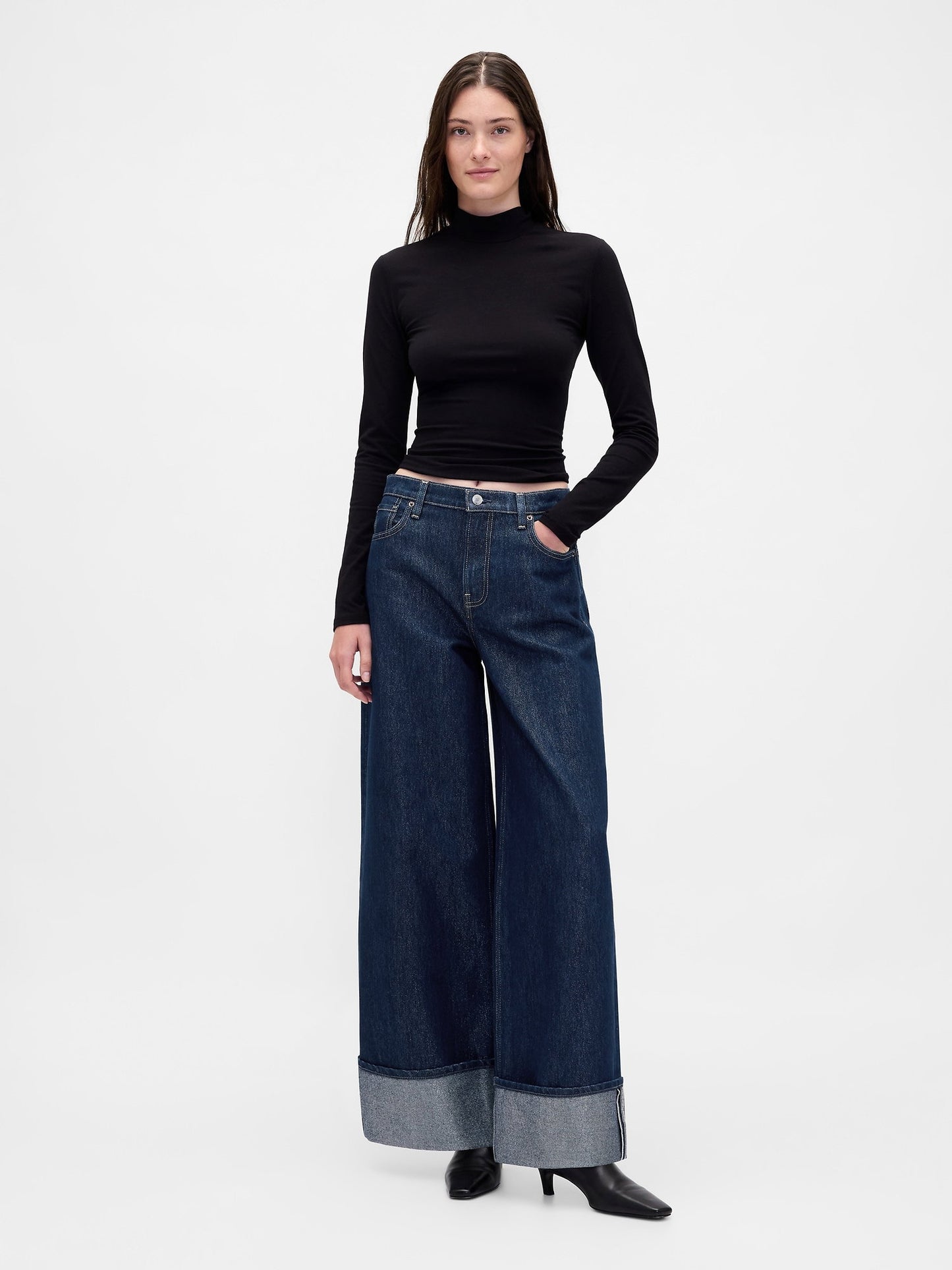 Koyu Mavi Mid Rise Metalik Cuffed Baggy Jean Pantolon