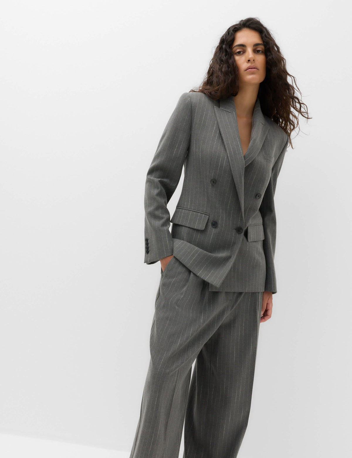Yün Karışımlı Çizgili Çift Düğmeli Blazer