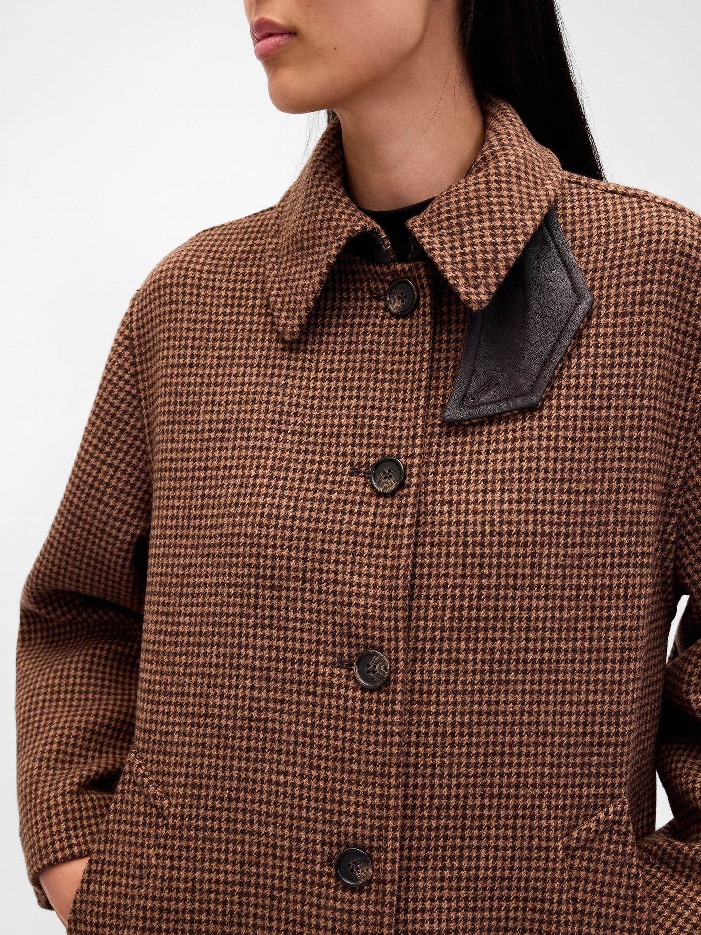 Kahverengi Yün Karışımlı Houndstooth Kaban