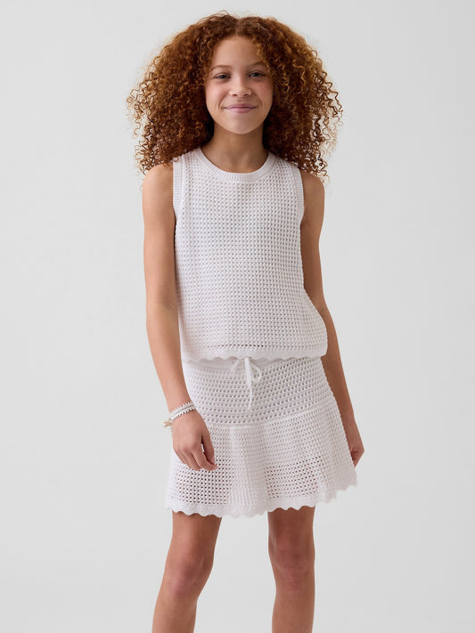 Beyaz Tiered Crochet Şort Etek