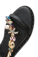 Kadın Siyah Bilekten Tokalı Taşlı Sandalet