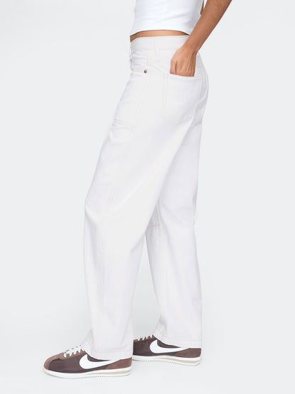 Beyaz High Rise Barrel Carpenter Jean Pantolon