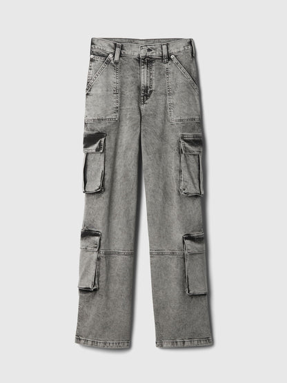 Siyah Mid Rise Double Cargo '90s Loose Jean Pantolon