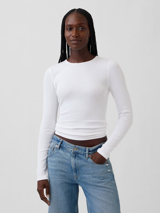 Beyaz Modern Fitilli T-shirt