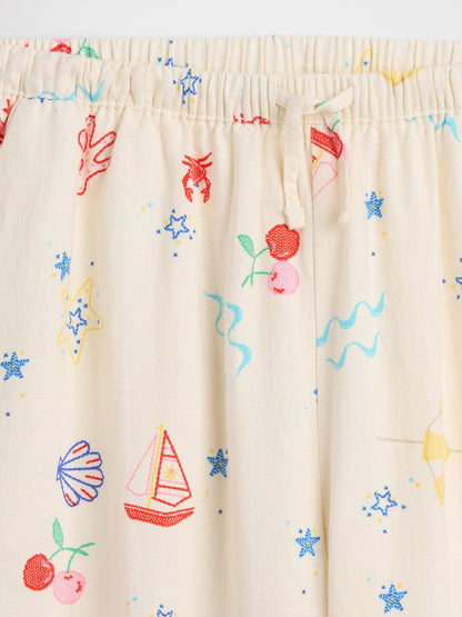 Bej Pull-on Wide-leg Keten Karışımlı Pantolon