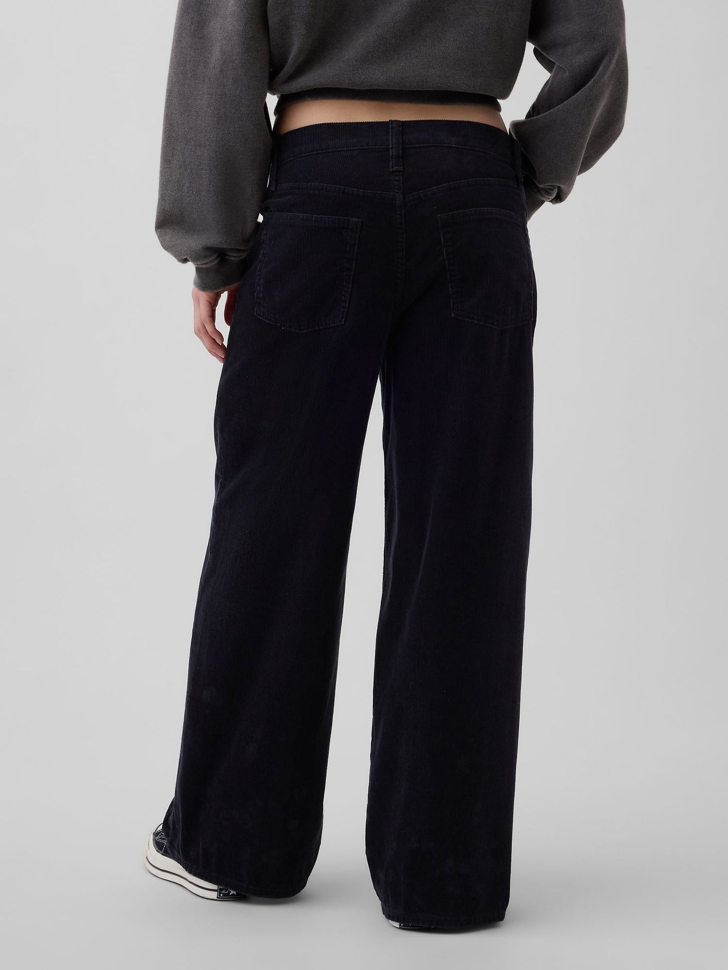 Siyah Mid Rise Kadife Baggy Wide-leg Pantolon