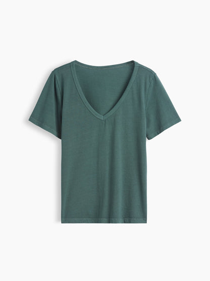 Koyu Yeşil Organik Pamuk Vintagesoft V-yaka T-shirt