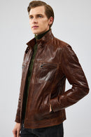 Wade Erkek Kahverengi Slim-fit Deri Ceket