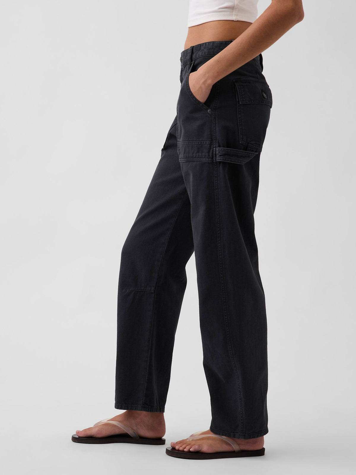 Siyah Mid Rise Barrel Utility Ankle Pantolon